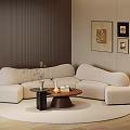 Curved Beige Sofa and Coffee Table Set with Decorative Paintings Round Rug and Striped Wall