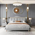 Elegant Modern Double Bed Background With Gray Headboard Golden Accents Round Mirrors Nightstands Table Lamps