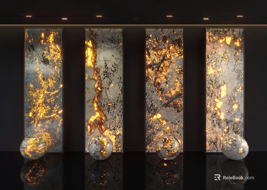 Artistic Modern Background Wall With Vertical Panels And Glowing Gold Silver Textures 3d model
