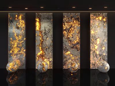 Artistic Modern Background Wall With Vertical Panels And Glowing Gold Silver Textures 3d model