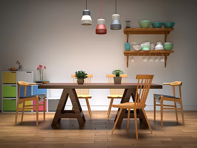 Natural Wooden Dining Table and Chairs Set with Colorful Cabinets and Hanging Pendant Lights 3d model