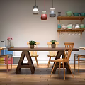 Natural Wooden Dining Table and Chairs Set with Colorful Cabinets and Hanging Pendant Lights