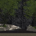 Tranquil Courtyard Garden With Lush Green Trees Stone Wall Rocks And Paved Ground