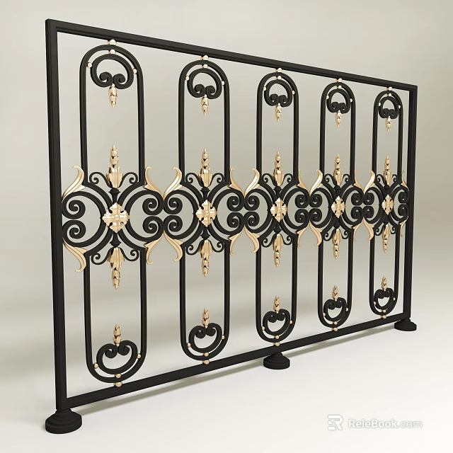 Wrought Iron Fence With Intricate Black And Gold Decorative Patterns And Ornate Designs 3d model 