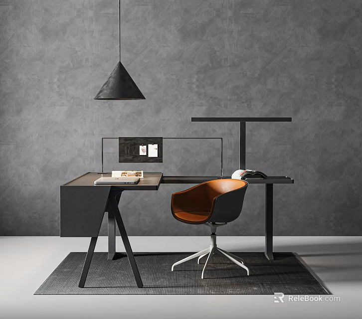 Modern Minimalist Desk Setup With Orange Chair Black Pendant Light And Gray Wall Background 3d model 