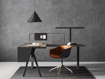 Modern Minimalist Desk Setup With Orange Chair Black Pendant Light And Gray Wall Background 3d model