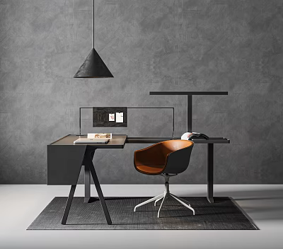 Modern Minimalist Desk Setup With Orange Chair Black Pendant Light And Gray Wall Background 3d model
