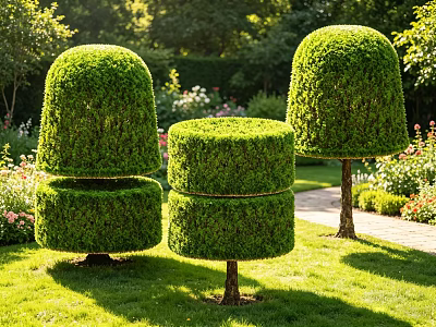 Topiary Trees Shaped Into Round Layered Forms In A Sunny Garden With Green Lawn 3d model