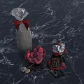 Pink Petal Pastries and Dark Berries in Baskets with Red Bow on Dark Marble Background