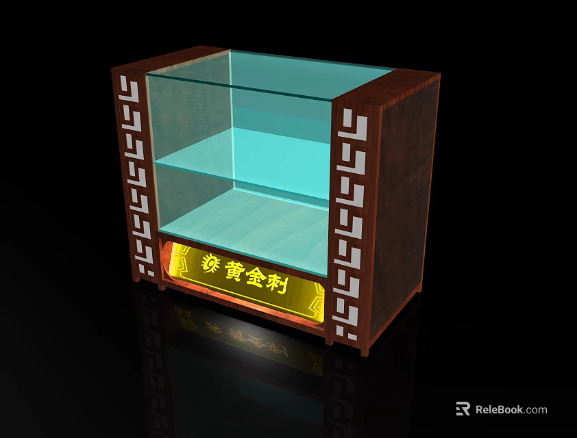 Display Cabinet Shelf With Glass Door Wooden Frame Decorative Patterns Illuminated Base For Herbal Products Showcase 3d model 