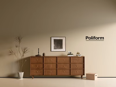 Poliform Wooden Entryway Side Cabinet with Drawers Potted Plant Beside and Wall Painting Above 3d model