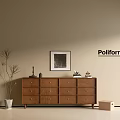 Poliform Wooden Entryway Side Cabinet with Drawers Potted Plant Beside and Wall Painting Above