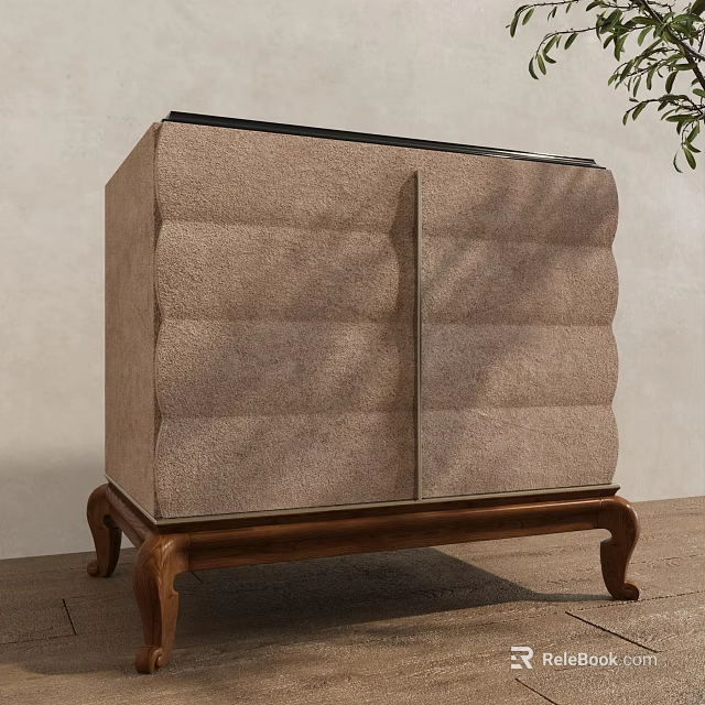 Elegant Beige Upholstered Bedside Cabinet with Textured Padded Surface and Wooden Legs 3d model 