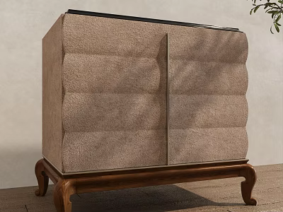 Elegant Beige Upholstered Bedside Cabinet with Textured Padded Surface and Wooden Legs 3d model