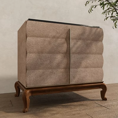 Elegant Beige Upholstered Bedside Cabinet with Textured Padded Surface and Wooden Legs 3d model
