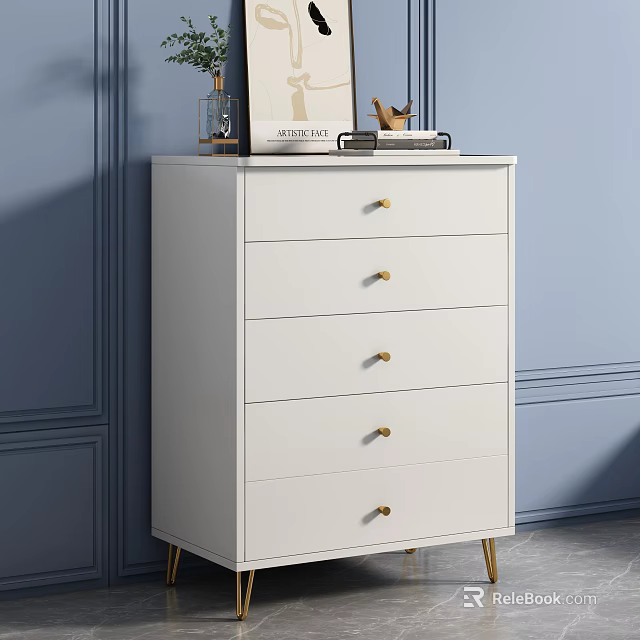 White Chest of Drawers with Five Golden Handles and Golden Legs on Blue Wall 3d model 