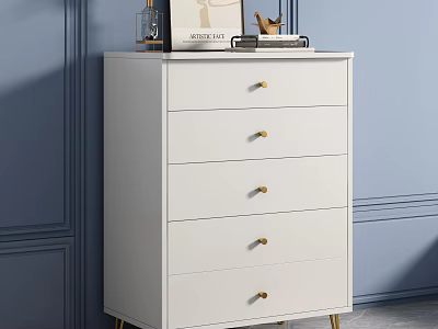 White Chest of Drawers with Five Golden Handles and Golden Legs on Blue Wall 3d model