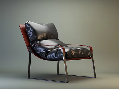 Modern Single Sofa with Red Armrests Black Leather Cushions and Metal Frame 3d model