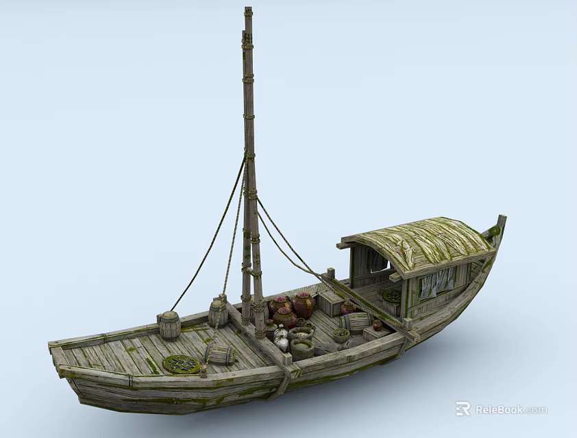 Ancient Wooden Boat With Canopy Mast Ropes Barrels And Cargo On Deck 3d model 