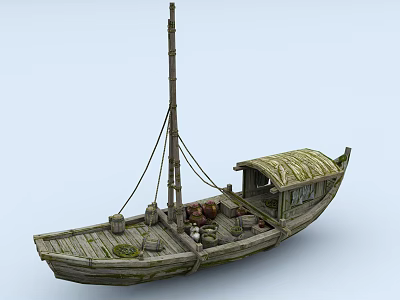 Ancient Wooden Boat With Canopy Mast Ropes Barrels And Cargo On Deck 3d model