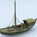 Ancient Wooden Boat With Canopy Mast Ropes Barrels And Cargo On Deck