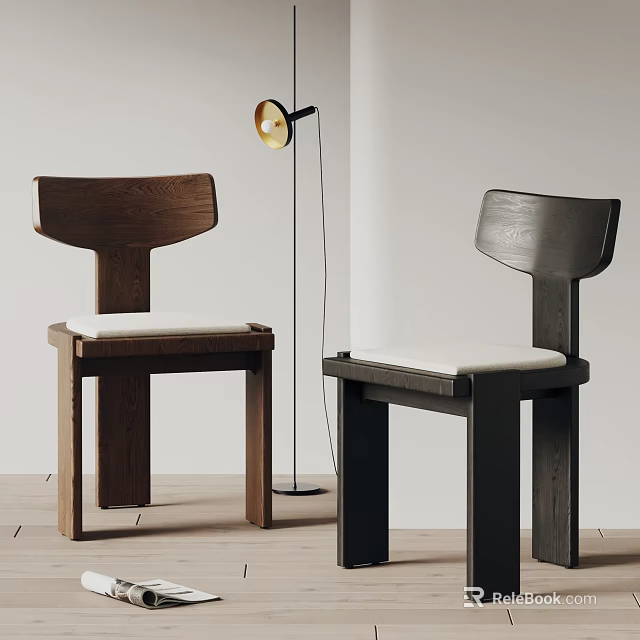 Minimalist Brown And Black Dining Chairs With Light Cushions And Floor Lamp 3d model 