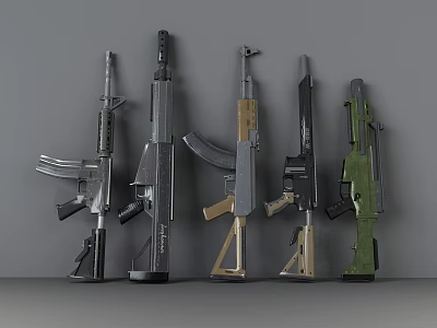 Various Types of Guns Displayed in a Row Against Grey Background 3d model