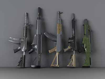 Various Types of Guns Displayed in a Row Against Grey Background 3d model Various Types of Guns Displayed in a Row Against Grey Background 3d model