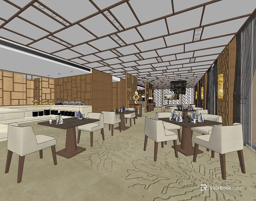 Elegant Restaurant Interior With Wooden Walls Grid Ceiling White Chairs Dark Tables And Patterned Flooring 3d model 