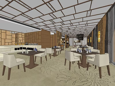 Elegant Restaurant Interior With Wooden Walls Grid Ceiling White Chairs Dark Tables And Patterned Flooring 3d model