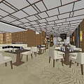 Elegant Restaurant Interior With Wooden Walls Grid Ceiling White Chairs Dark Tables And Patterned Flooring