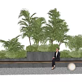 Outdoor Landscape Seating With Lush Green Plants Palm Trees Round Lights and Gravel Ground