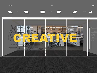 Glass Office Wall With Yellow CREATIVE Lettering And Hand Drawn Patterns 3d model