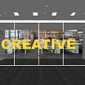 Glass Office Wall With Yellow CREATIVE Lettering And Hand Drawn Patterns 3d model