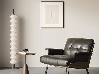 Modern Black Leather Armchair With Side Table Coffee Cup Floor Lamp And Wall Art 3d model