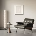 Modern Black Leather Armchair With Side Table Coffee Cup Floor Lamp And Wall Art