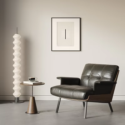 Modern Black Leather Armchair With Side Table Coffee Cup Floor Lamp And Wall Art 3d model