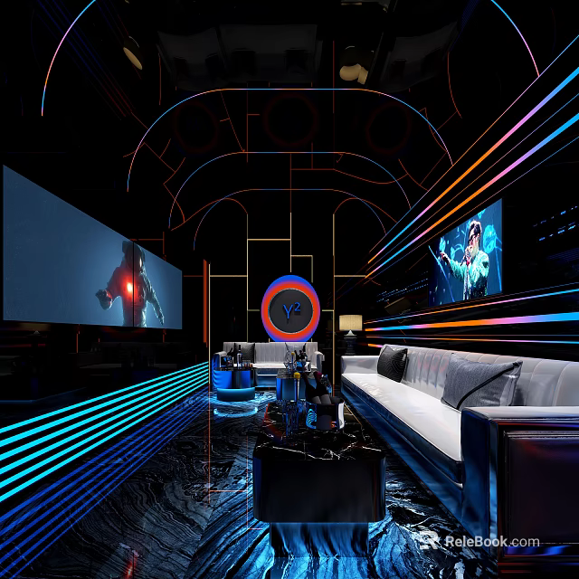 Modern KTV Lounge Interior With Colorful Neon Lights Big Screens And Comfortable Sofa Seating 3d model 