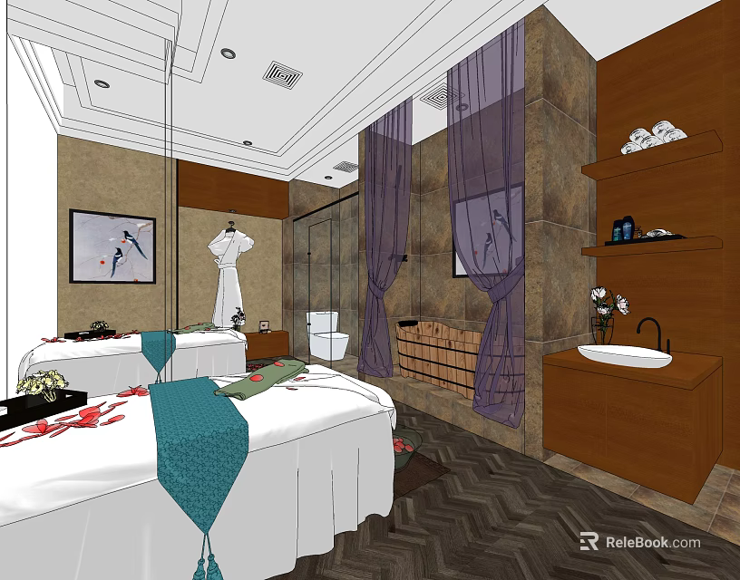 Luxurious SPA Sauna Room Featuring Massage Beds Wooden Decor And Relaxing Wellness Amenities 3d model 
