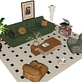 Stylish Green Leather Sofa and Coffee Table Set with Accent Chairs Artwork and Floor Lamp
