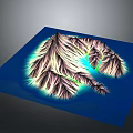 Scenic Mountain Range Terrain with White Green Ridges Blue Water Features on Blue Background