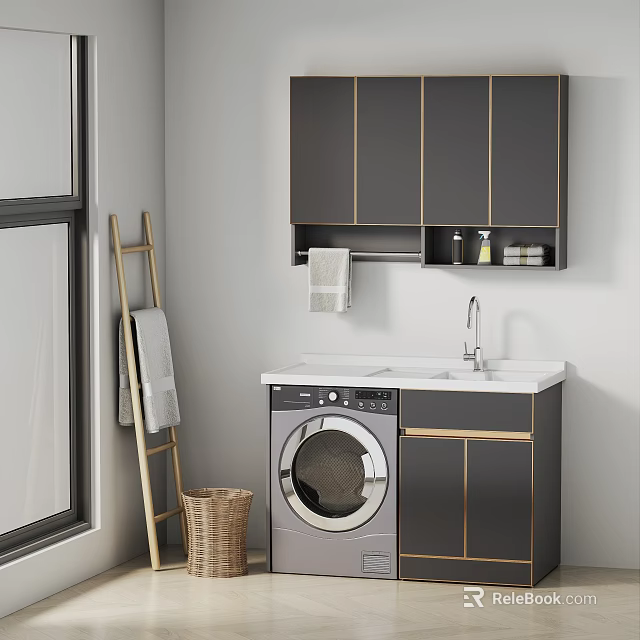Elegant Modern Washbasin Cabinet With Washing Machine White Countertop And Golden Trim Upper Cabinets 3d model 
