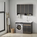 Elegant Modern Washbasin Cabinet With Washing Machine White Countertop And Golden Trim Upper Cabinets