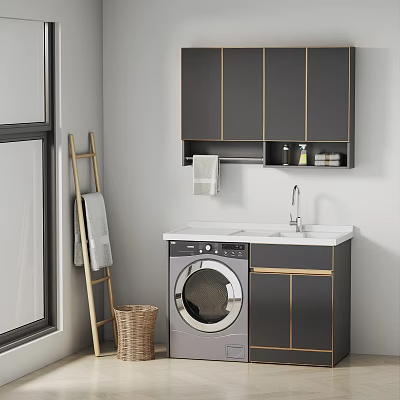 Elegant Modern Washbasin Cabinet With Washing Machine White Countertop And Golden Trim Upper Cabinets 3d model