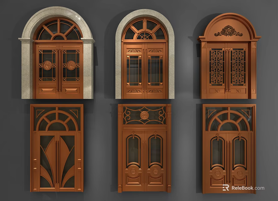 Various Wooden Double Doors With Arched Top And Carved Decorative Designs 3d model 