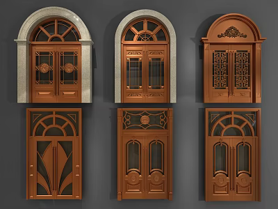 Various Wooden Double Doors With Arched Top And Carved Decorative Designs 3d model