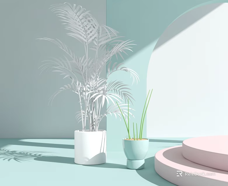 Kids Play Area with Light Blue Background White Potted Plants and Pink Circular Steps 3d model 