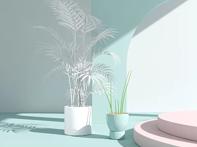 Kids Play Area with Light Blue Background White Potted Plants and Pink Circular Steps 3d model