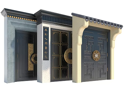 Traditional Chinese Entrance Gate With Ornate Carvings Brass Door Knockers And Eave Design 3d model