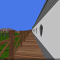 Wooden Walkway With Fence Along White Wall And Circular Windows Over Green Grass